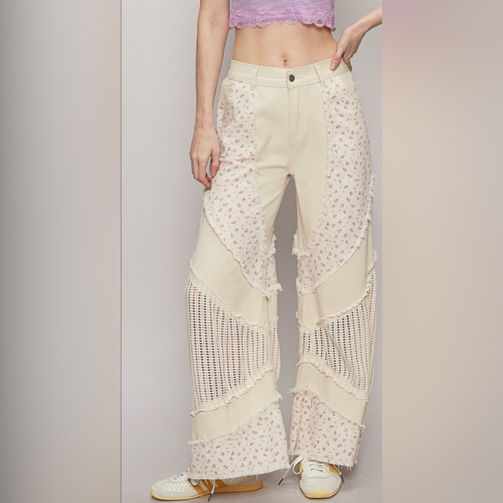 POL Cream Floral Wide Leg Jeans